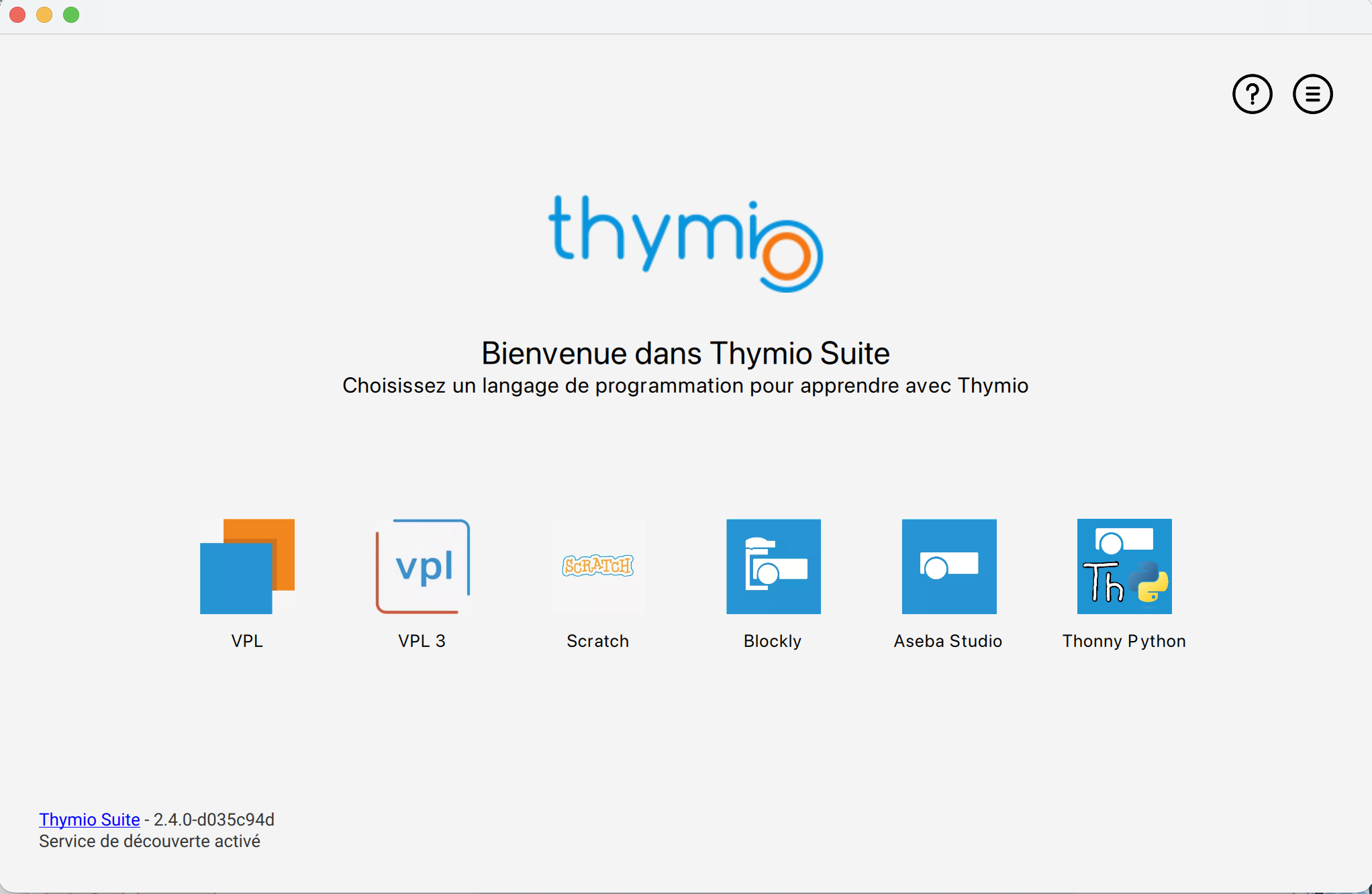 Menu de Thymio suite